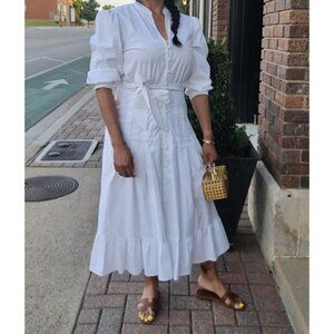 Shoshanna white eyelet‎ lace tie belt short puff sleeve midi shirt dress Sz 6